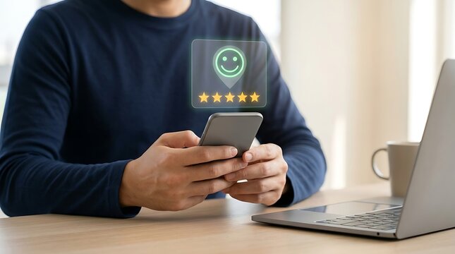 Customer experience and satisfaction evaluation concept with five golden stars and green smile icon over phone