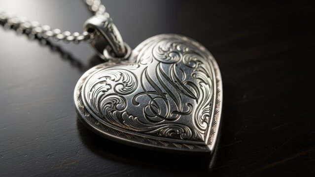Ornately engraved silver heart locket on a chain.