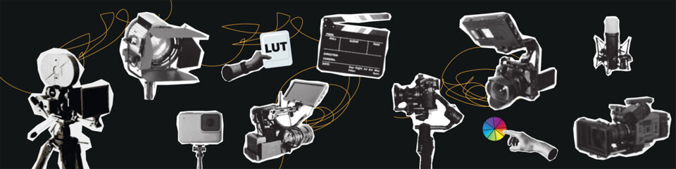 Pop art halftone collage featuring various cameras: action camera, retro camera, cinema camera, portable camera, gimbal camera, mirrorless camera, and photo camera. Creative concept of technology © kasheev