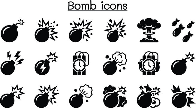 Set of bomb icons, vector illustration, flat design, explosive, weapon, danger, military, war, dynamite