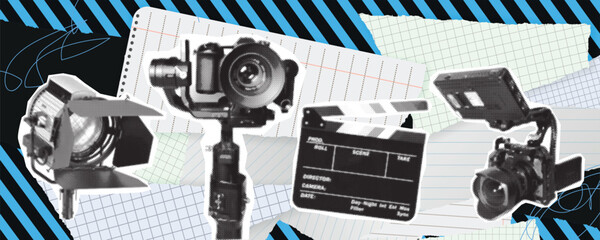 Pop art halftone collage featuring various cameras: action camera, retro camera, cinema camera, portable camera, gimbal camera, mirrorless camera, and photo camera. Creative concept of technology © kasheev