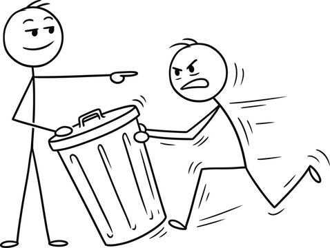 Stick figure drawing of a calm man pointing at a trash can while an angry man is trying to take it