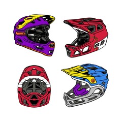 Fototapeta premium Full face bicycle helmets vector illustration set