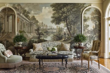 Fototapeta premium Spacious interior living area featuring an expansive decorative wall artwork inspired by classical themes emphasizing grandeur, artistic storytelling, and refined architectural elegance