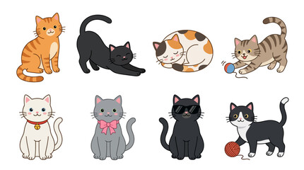 Fototapeta premium A collection of cute cartoon cats in various poses and colors isolated on white background.