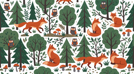 Seamless pattern with cute foxes and owls in the forest, vector illustration © SH Stock