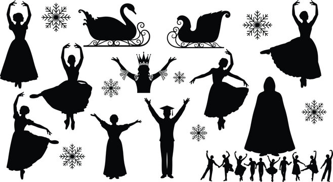 Holiday silhouettes with ballerinas, sleighs, snowflakes, crowned figures, graduation, dancing circle vector illustration for winter, celebration, design, art, and creative projects