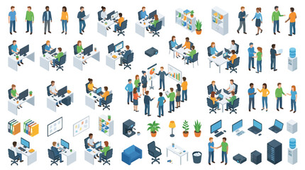 Fototapeta premium Modern office workspace with diverse employees collaborating and working at desks and conference tables in a professional