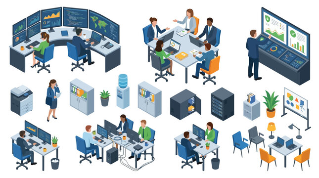 modern office workspace with multiple employees collaborating and analyzing data on large screens during a busy workday