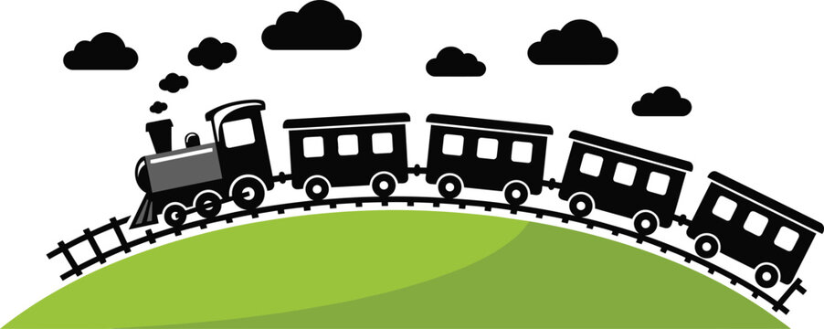 Cartoon steam train with passenger carriages traveling on a curved track over a green hill