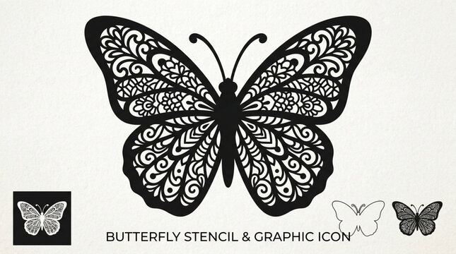 Black and white butterfly stencil with detailed patterns