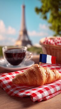 A golden croissant topped with a French flag sits on a red checkered cloth beside a coffee cup and macarons, with the Eiffel Tower rising against a blue sky in Paris.
