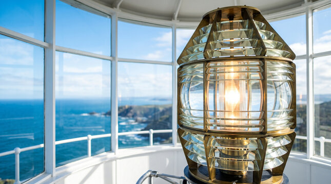 Lighthouse beacon light inside modern lighthouse with ocean view  