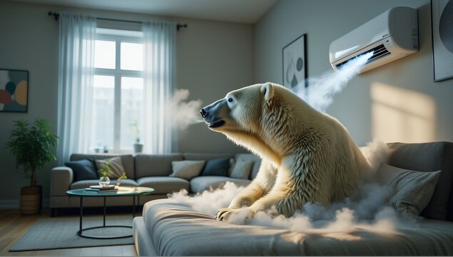 A polar bear is sitting on the sofa in an apartment, and steam from the air conditioner is coming out of its mouth, 
