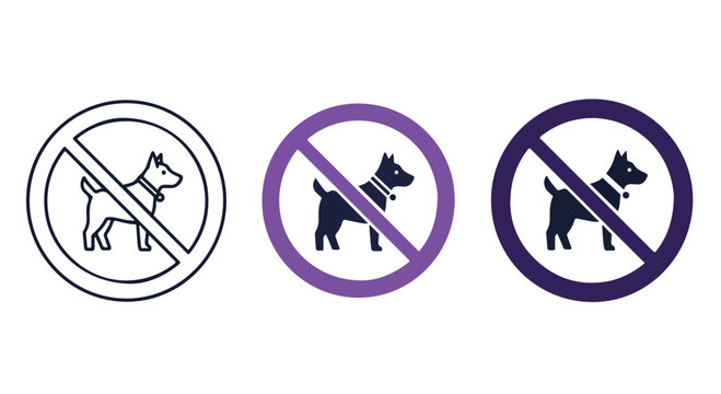 Prohibition signs indicating no dogs allowed and related canine restrictions in urban areas.