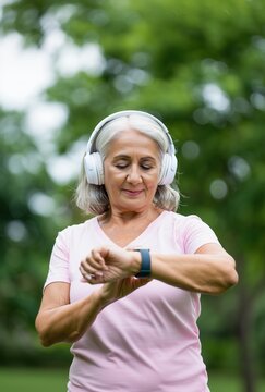 An older Caucasian woman checks her smartwatch during an outdoor workout session, wearing white headphones and a pink top, surrounded by lush green park foliage, radiating active wellness.
