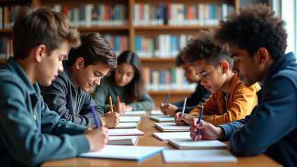 Fototapeta premium Multiethnic group of students iteration sitting in a library and studying together ar beautiful modern