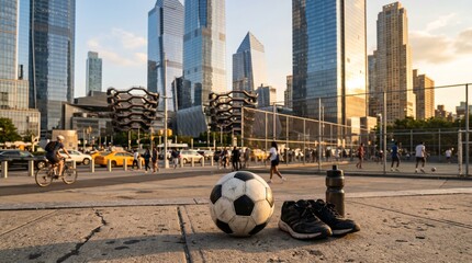 Soccer ball in a modern city environment, blending sports culture with urban lifestyle.
