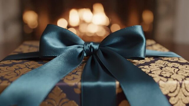 A beautifully wrapped gift box with a large blue bow sits on a table indoors.