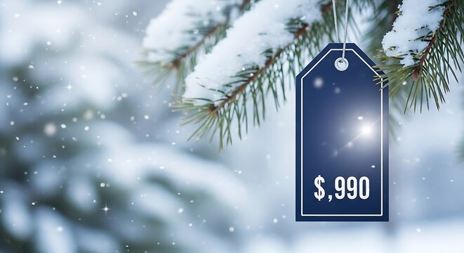 Discounted Price Tag on Snowy Christmas Tree Branch.