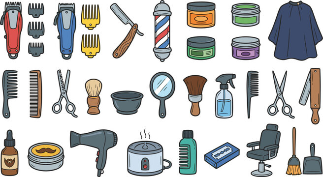 Barbershop retro equipment vector element set with hair clippers scissors combs and grooming tools