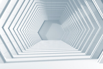 Obraz premium Hexagonal geometric tunnel corridor with repeating frames for futuristic perspective background and architectural design .3d render