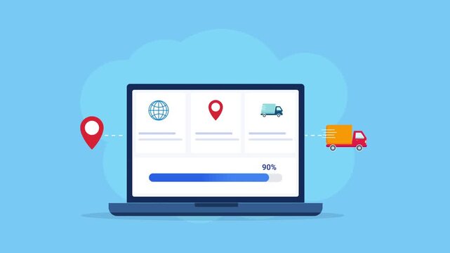 Modern flat vector animation of a laptop displaying a delivery tracking dashboard with location pin, shipment status, and progress bar. Ideal for logistics, shipping, ecommerce, and web technology pro