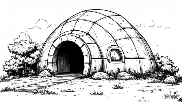 Large concrete dome dwelling igloo style line art illustration.
