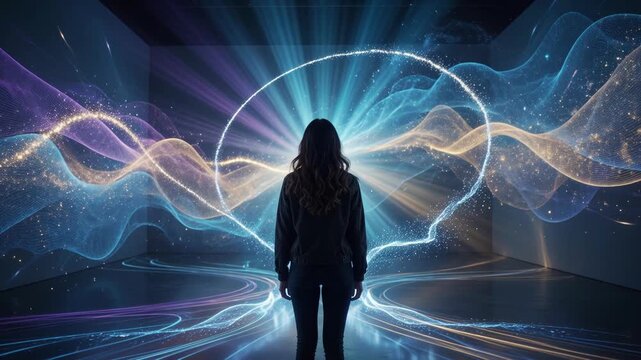 Person standing in digital light installation with glowing ethereal waves in a dark art gallery space