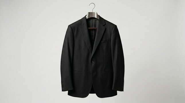 Elegant Black Men's Suit Jacket Hanging on a Hanger against a Minimalist Studio Background, Professional Formal Business Attire for Corporate Success and Luxury Fashion Concept.