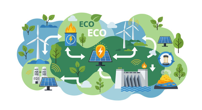 Sustainable Energy Sources and Eco-Friendly Power Solutions Illustration