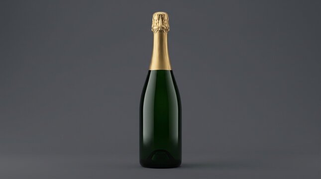 Elegant Green Champagne Bottle with Gold Foil Neck Wrap, Dark Grey Studio Background, Premium Minimalist Style, Luxury Sparkling Wine Mockup for Celebration and Success