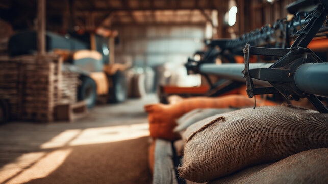 Agricultural harvesting machine beside stacked burlap grain sacks in a farm warehouse. Modern farming, crop harvesting, grain storage and agricultural production concept.