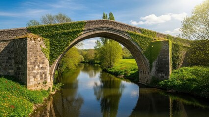 Fototapeta premium Stone bridge arches over calm river, lush foliage adorns the structure