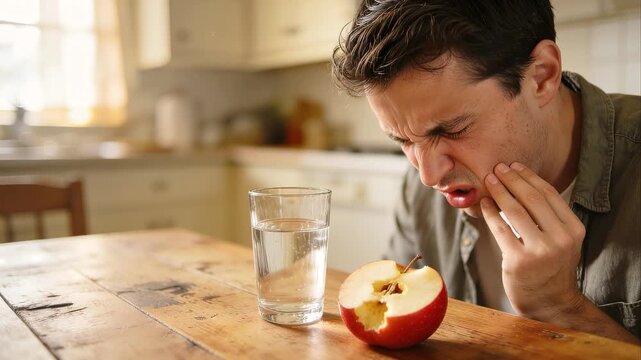 Young man experiencing sudden toothache while eating apple in kitchen. Dental pain and sensitivity concept. Close-up handheld shot.