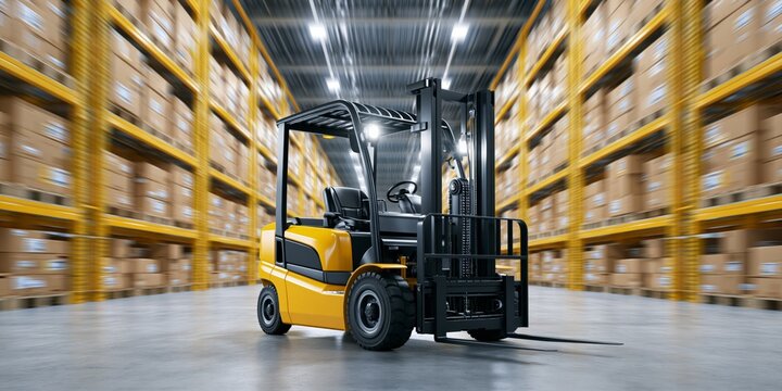Forklift Moving Through Organized Warehouse with Stacked Boxes Efficient Logistics and Storage System