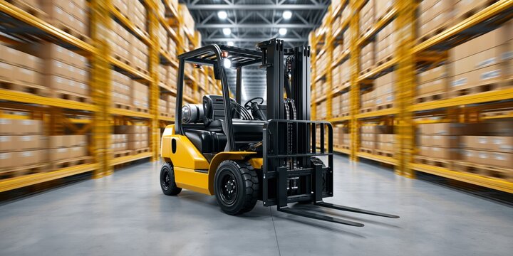 Forklift Moving Through Organized Warehouse with Stacked Boxes Efficient Logistics and Storage System