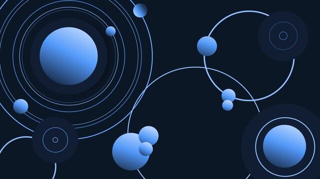 Abstract dark background circular planets and orbit rings minimalist geometric space-themed composition animation