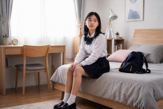 A student in a school uniform sits on a bed in a bright, cozy bedroom. The room features a desk, chair, and soft natural light.