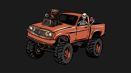 Monster truck skeleton driver. Vintage car design. Off road racing graphic print. © rahel lila