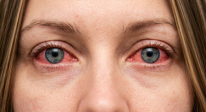 Close-up of bloodshot red eyes showing conjunctivitis symptoms
