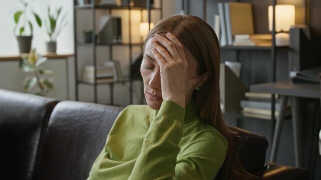 Close up of Caucasian young adult woman struggling while African American middle-aged man arguing in background during therapy. For mental health and relationship counseling campaigns