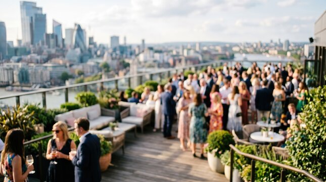 Rooftop party London city skyline sunset event social gathering corporate function luxury lifestyle outdoor terrace crowd bokeh