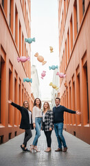 Obraz premium Group of friends stands in a narrow urban alleyway while vibrant candy illustrations float in the air around them.
