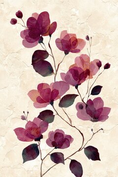 Abstract rose branch in wine tones, watercolor botanical illustration for wedding stationery