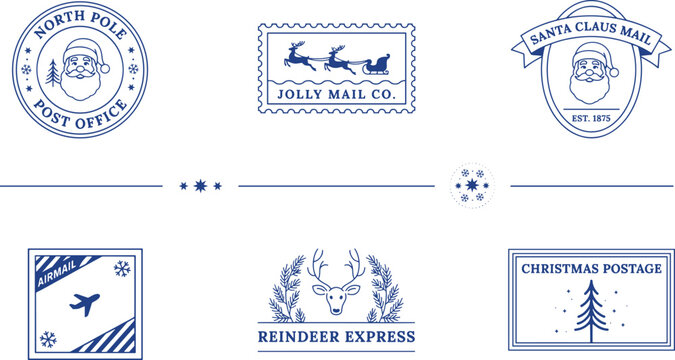 Vintage Christmas postage stamps and North Pole mail delivery cancellation ink marks vector graphics set.