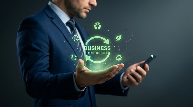 Businessman holding glowing green hologram icon for sustainable business reduction and corporate environmental responsibility on dark background