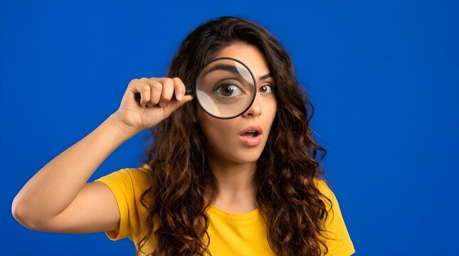 Young woman with curly brown hair looking through a magnifying glass against a bright solid blue studio background portrait shot