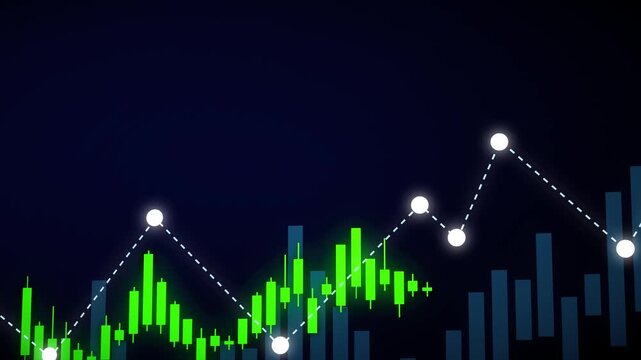 Green candlestick chart moving on blue financial grid background.