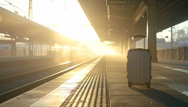 夕日の差し込む駅のホームに置かれたスーツケース　旅の始まりを予感させるノスタルジックな風景写真　空の旅や鉄道旅行を連想させる空きスペースのある情景素材